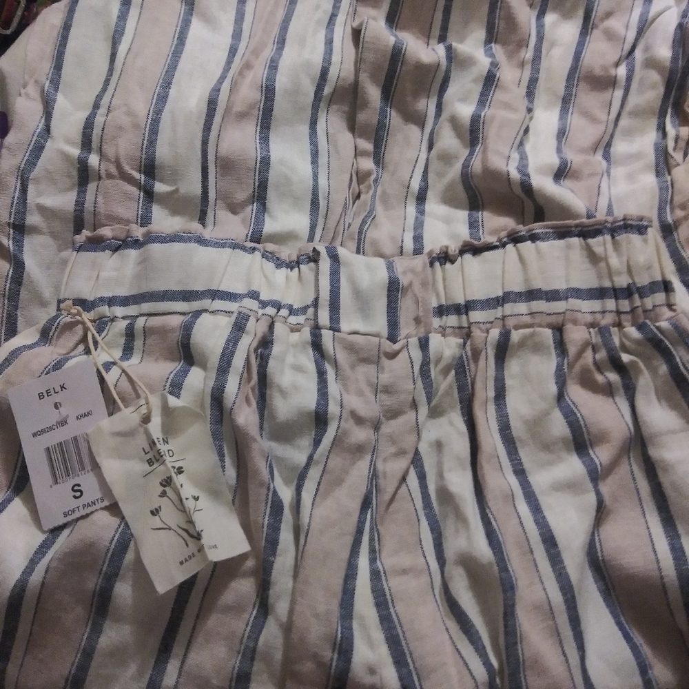 Indigo Rein Paper Bag Pants Linen Vertical Stripes slits on legs - Picture 11 of 14